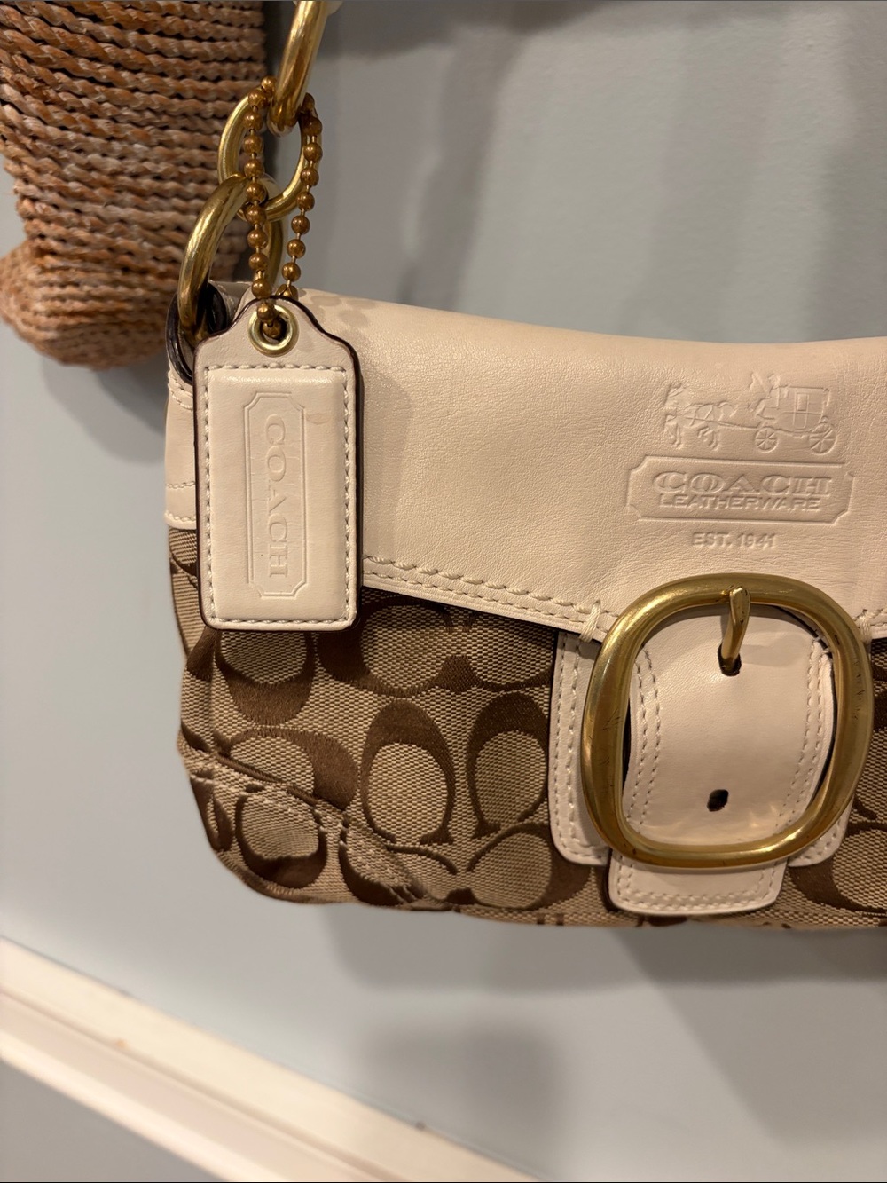 Coach Bleecker Signature Small Shoulder Bag in Khaki/Chalk - Picture 2 of 12